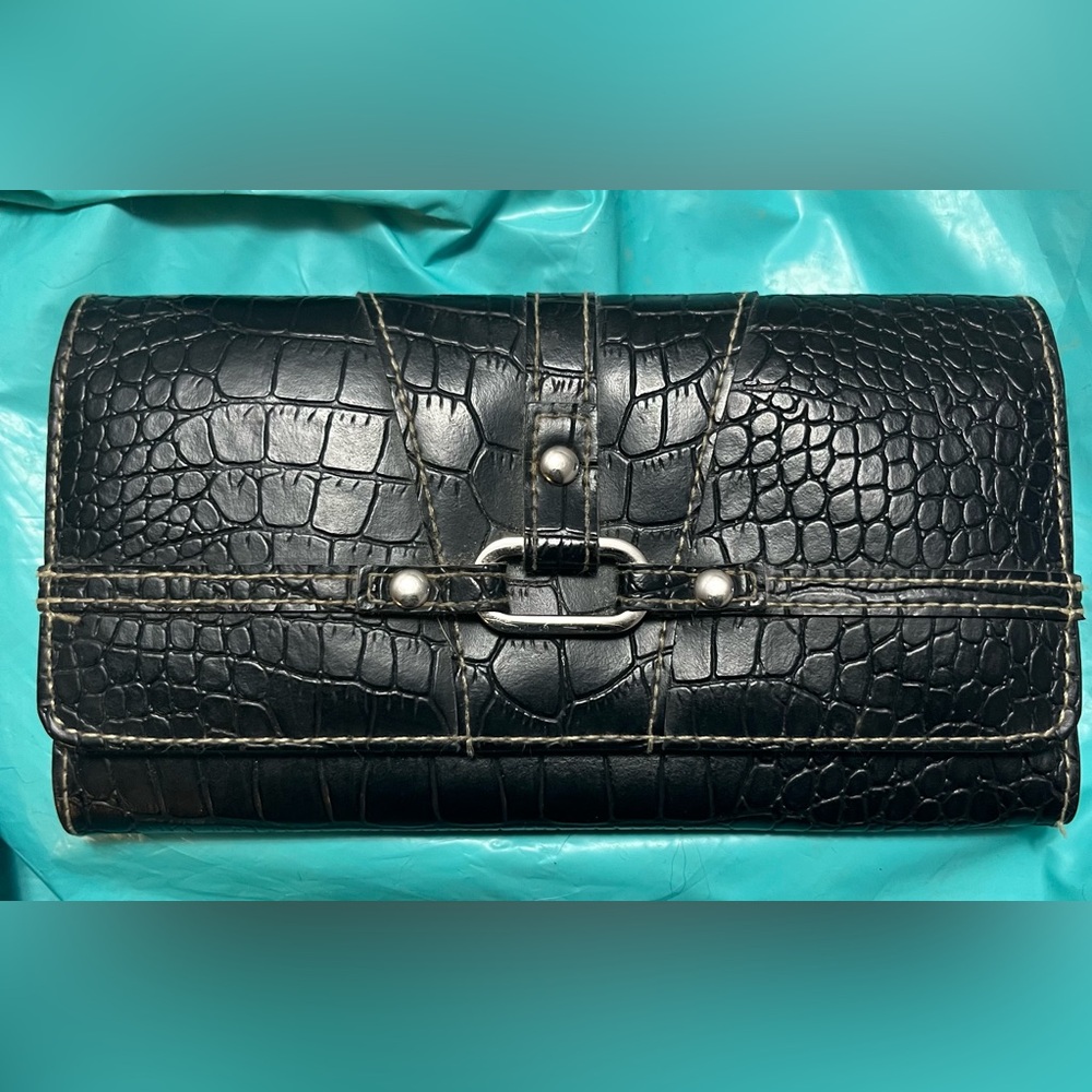 Black womens faux leather crocodile checkbook/wallet.